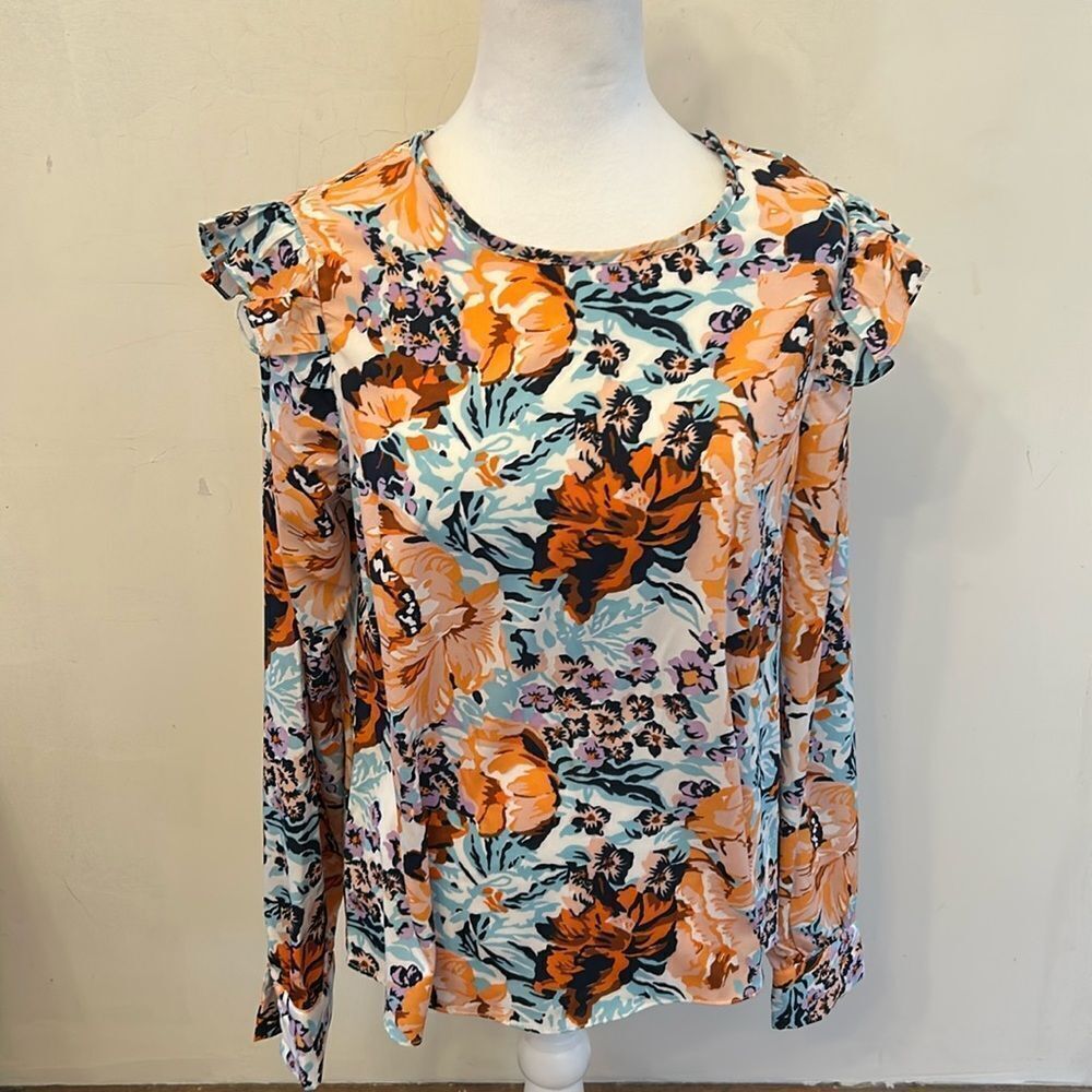 Porridge orange navy floral long sleeve ruffle blouse Size S EUC